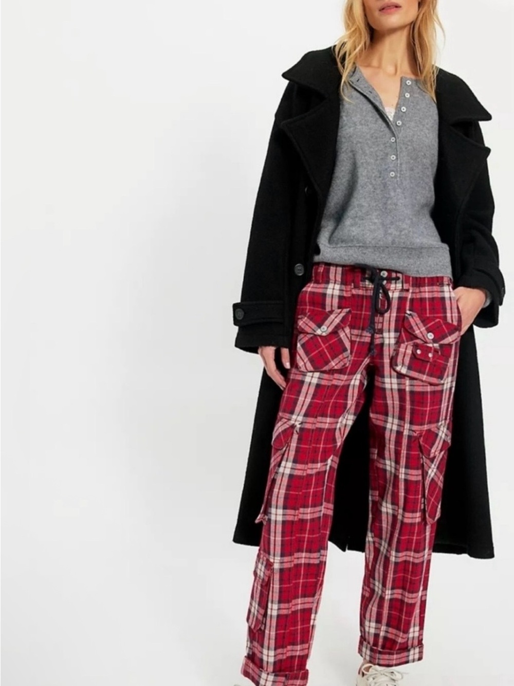 Free People Tahiti Cargo Pants Red Plaid NWT Size M MSRP $168